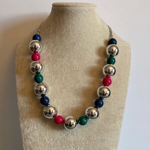 Chunky Silver Tone Bead Necklace Colorful Accent Beads 20” Statement